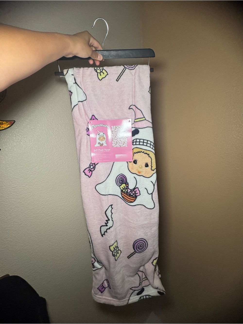 Halloween Plush Pink Ghost-Print Throw Blanket by Monchhichi